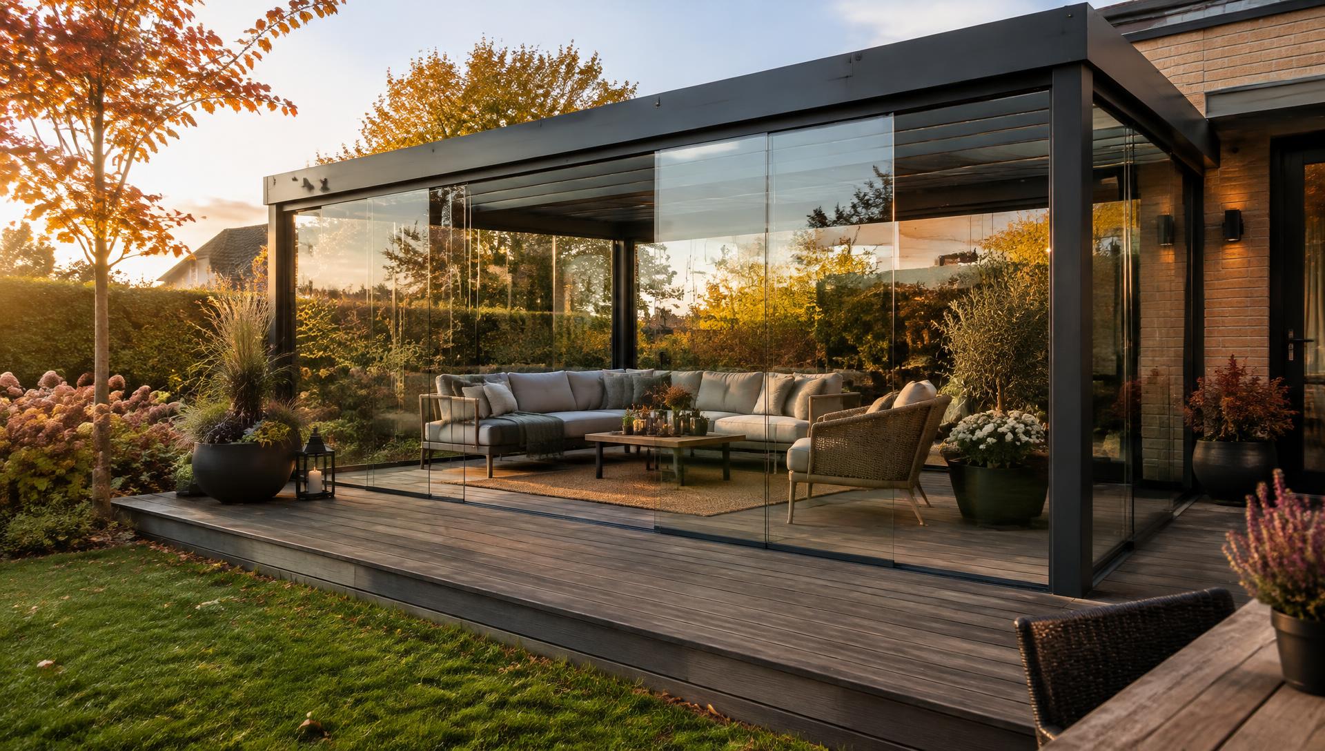 Moderne overkapping met glazen schuifwanden in een tuin bij avondlicht